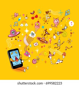 smart phone sending fun cartoon characters