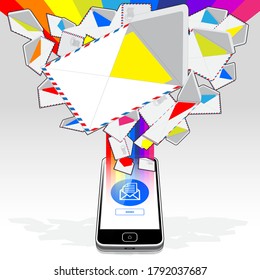 A Smart Phone, sending and receiving electronic mail. Illustrated is a stream of email randomly emitting / streaming from its display screen. 