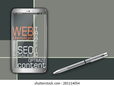 Smart phone SEO, Search Engine Optimization internet concept design. 