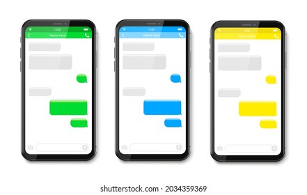 Smartphone-Set Chatting sms Template Blasen. Legen Sie Ihren eigenen Text in die Nachrichtenwolken. Fügen Sie Dialoge mit Beispielblasen zusammen.