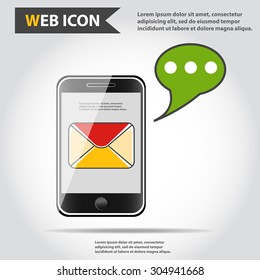 Smart phone with shadow and envelope on the screen, web icon, vector.