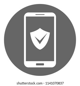 Smart phone and shield with check mark on its screen. Vector icon.