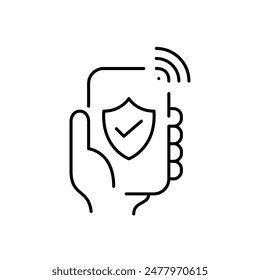 Smart phone, shield, checkmark and wi-fi. Secure internet usage, personal profile verification. Vector icon