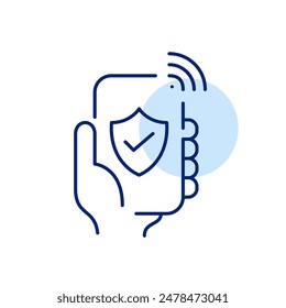 Smart phone, shield, checkmark and wi-fi. Secure internet usage, personal profile verification. Pixel perfect icon