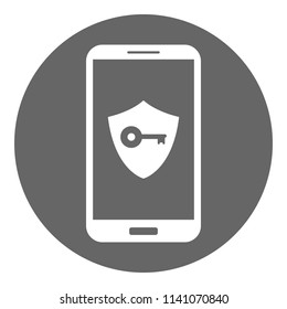 Smart phone and shield with key on its screen. Vector icon.