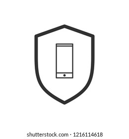 Smart phone and shield with linear icon. Vector illustration isolated on white background..