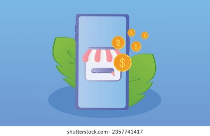 smart phone with shop.on blue background.Vector Design Illustration.