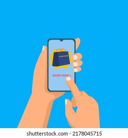 Smart phone and shopping bag. Flash sale on smart phone concept illustration 