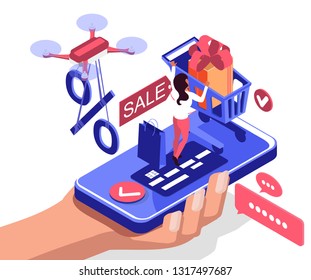 A smart phone with shopping cart and young woman in human hand. Drone with persent. Isometric flat illustration on a white background