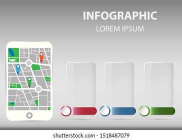 Smart  phone showing a city map with a three points of interest. Set of blank transparent glass vertical rectangles with color metal labels  enable for numbering are ready for your text.