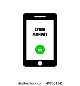 Smart phone shows text Cyber Monday. Cyber Monday banner, tag, advertising. Design template with text Cyber Monday vector illustration.