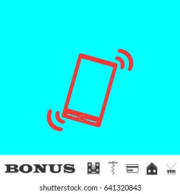 Smart phone in silent mode icon flat. Red pictogram on blue background. Vector illustration symbol and bonus buttons Music center, corkscrew, credit card, house, drum