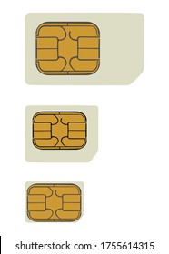 Smart phone sim card vector illustration isolated on white background. Sim cards collection, classic, micro and nano. Memory storage for mobile phone device. Smart gadget equipment.