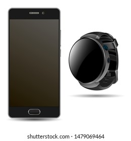 Smart Phone and Smartwatch. Black Mobile Mockup Teplate. Realistic Device Design of Cellular Phone and Modern Digital Wirst Watch with Touch Display Technology. New Cellphone Set
