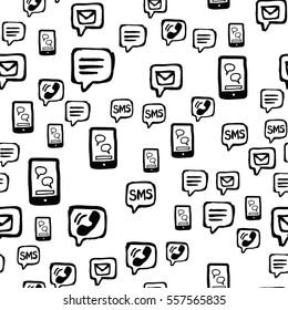 Smart phone, SMS and email communications seamless pattern. Hand drawn interaction icons randomly placed on white background. Wrapping or web repeating texture. Vector eps8 illustration.