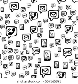 Smart phone, SMS and email communications seamless pattern. Hand drawn interaction icons randomly placed on white background. Wrapping or web repeating texture. Vector eps8 illustration.