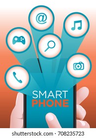 Smart Phone & Social Media Concept, Hand holding Smart Phone and finger point on Screen. And Social Network, Search, Call, Game, Internet, Music and  Camera Function Icon are pop up, Vintage Style