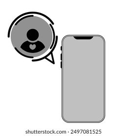 Smartphone- und Sprechblasensymbole in Graustufen einzeln auf weißem Hintergrund.