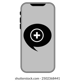 smart phone, speech bubble and medical cross icon in grey scale isolated on white background.
