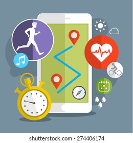 Smart phone with sport icons. Fitness app concept on touchscreen. Flat design vector illustration