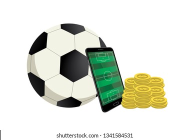 Smart phone with stack coin football field for betting online