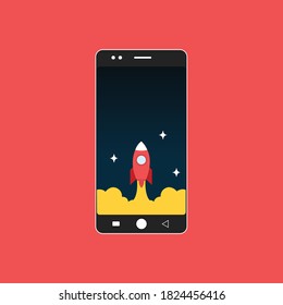 smart phone with stars sky and rocket with smoke concept ignition startup boost flat design vector illustration
