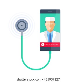 Smart phone with stethoscope and doctor online on the screen. Telemedicine and telehealth flat concept illustration of smartphone, medic and phonendoscope. Vector element for tele medical infographic.