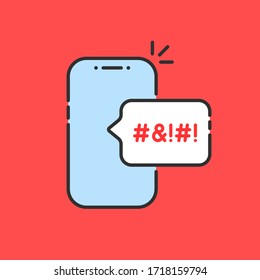 smart phone with swear chat bubble. cartoon simple flat trend modern graphic design illustration isolated on red. concept of online and web violence in smartphone and cellphone or negative text