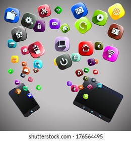 smart phone and tablet with a lot of  flying different symbols