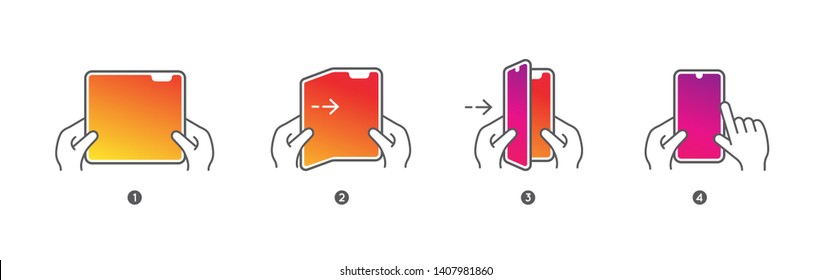 Smart Phone Tablet with Foldable Screen. Step by step folding unfolding manual instructions. Vector Isolated.