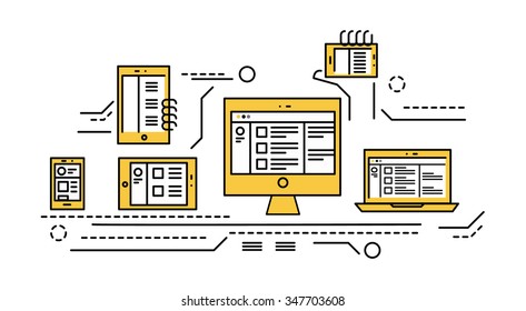 smart phone, tablet, laptop and desktop computer. Responsive web design. flat thin line design elements. vector illustration