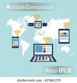 smart phone , tablet , laptop and smart watch on earth map ( worldwide technology concept ) and blue background ( flat design )