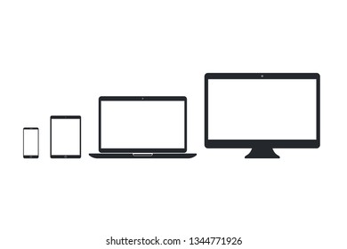 Smart phone, tablet pc, laptop, desktop pc set on white background. Technological devices template with blank screen. Simple mockup vector design.