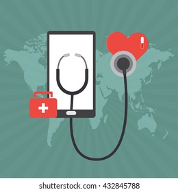 Smart phone tablet and red bag with white cross and stethoscope heart online diagnosis concept of telemedicine and telehealth technology. Vector illustration healthcare concept design.