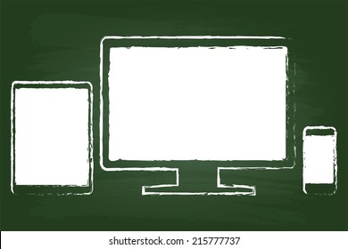 Smart Phone With Tablet Similar To iPad Air And iPhone And Monitor Drawing On Green Blackboard