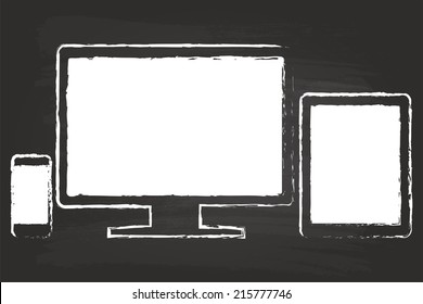 Smart Phone With Tablet Similar To iPad And iPhone And Monitor Drawing On Blackboard