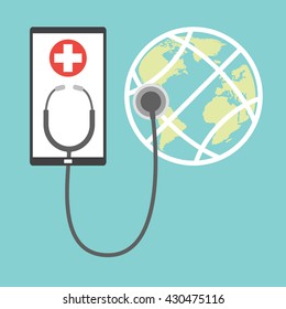 Smart phone tablet with white cross and stethoscope for globe online diagnosis concept of telemedicine and telehealth technology. Vector illustration healthcare concept design.