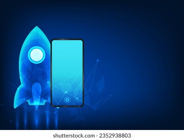 Smart phone technology Along with the rocket on the side with interesting elements. A rapidly evolving mobile technology concept that allows for work and entertainment through mobile phones.