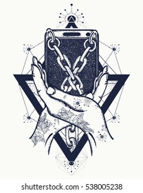 Smart phone tied with chains tattoo art, concept dependence Internet and mobile phone mystical geometric style 