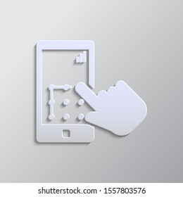 Smart phone, touch, lock, hand icon paper style. Grey color vector background