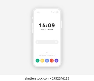 Smart phone touch screen mockup. White user interface, mobile homescreen with time and buttons. Vector illustration