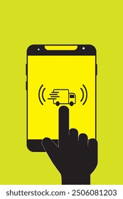 teléfono inteligente tocando el dedo, icono de gesto de teléfono inteligente de toque de dedo, App de servicio Currier, iconos de estilo. Ilustración vectorial del gesto del tacto de la mano en el fondo negro y amarillo