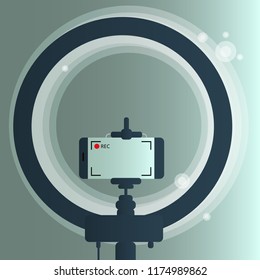 Smart Phone And Tripod With Flash Isolated On Gradient background. Flat Style. Equipment For Blogger.