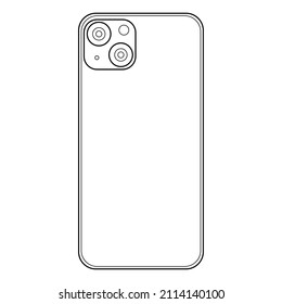 Smart phone with two cameras, back view. Vector black and white line drawing of cellphone with double camera. Case for phone, mock up design empty template. Linear isolated illustration, modern device