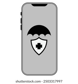 smart phone, umbrella, shield and medical cross icons in grey scale isolated on white background.