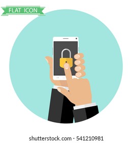 Smart phone, smart phone unlocking, human hand, communication. Flat design, vector.