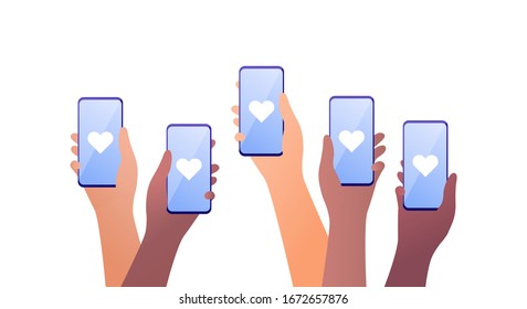 Smartphone-Nutzungskonzept. Vektorillustration flach. Menschliche Hände, die Handy halten. Social Media wie Herzzeichen auf dem Bildschirm auf weiß. Design-Element für Banner, Poster, ui, Web, Präsentation.