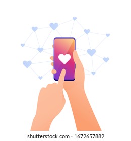 Smart phone use concept. Vector flat illustration. Human hand holding cellphone. Social media like heart sign on screen isolated on white. Design element for banner, poster, ui, web, presentation.