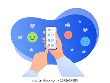 Smart phone use concept. Vector flat illustration. Human hand holding cellphone. Customer feedback with happy, sad and anger emoji sign. Design element for banner, poster, ui, web, presentation.