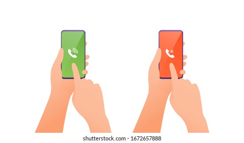 Smart phone use concept. Vector flat illustration. Human hand holding cellphone. Accept and reject call symbol on screen isolated on white. Design element for banner, poster, ui, web, presentation.